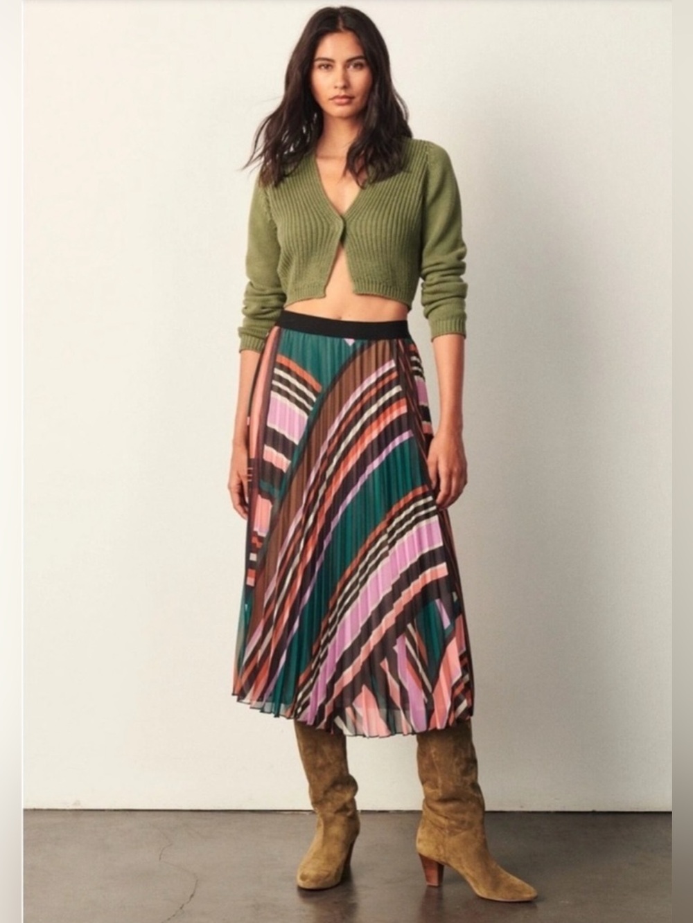 ba&sh Uhendy Skirt- Vert multicolored  pleated Midi Skirt Size Large